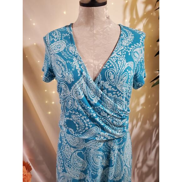 Lands End Paisley Draped Crossover V-Neck Short Sleeve Dress Size M Blue Stretch - Picture 5 of 10